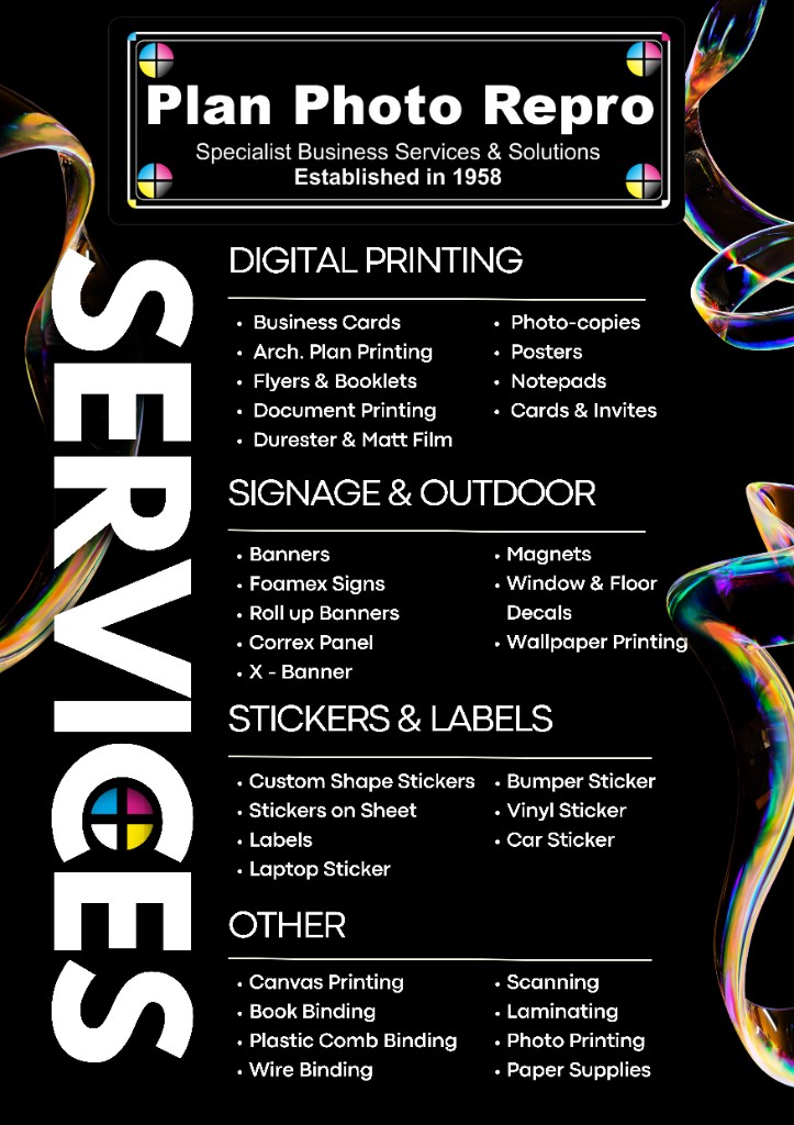 Plan Photo Repro services flyer — digital printing, signage, stickers and more