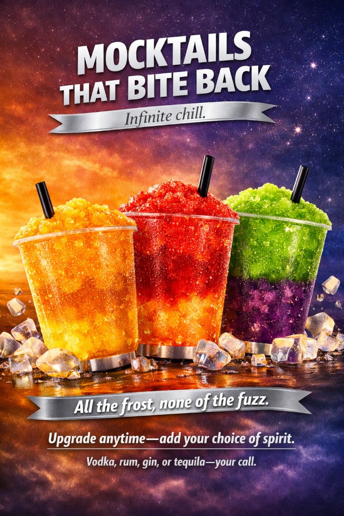 Mocktails That Bite Back poster featuring three drinks with silver ribbon branding by Plan Photo Repro