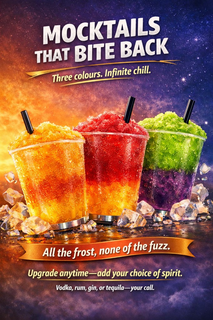 Mocktails That Bite Back poster with orange ribbon variant by Plan Photo Repro