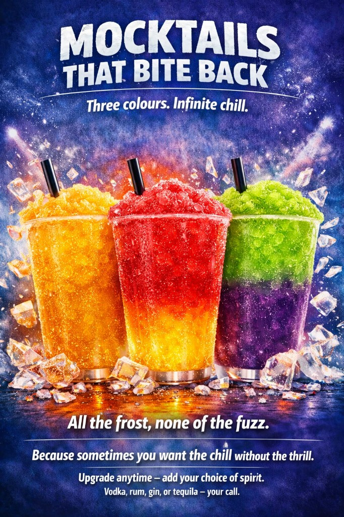 Mocktails That Bite Back three-colour Infinite Chill poster by Plan Photo Repro