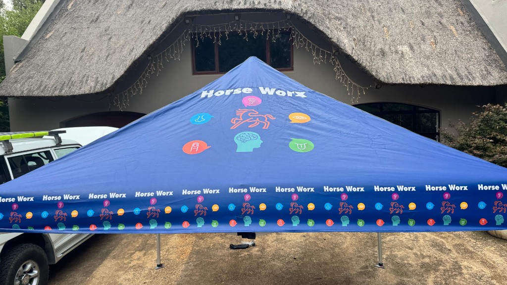 Blue Horse Worx branded event gazebo with sensory icons by Plan Photo Repro