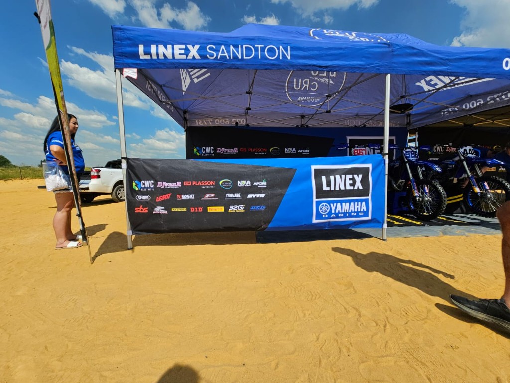 Linex Yamaha Racing gazebo front banner with sponsor grid and LINEX SANDTON branding by Plan Photo Repro