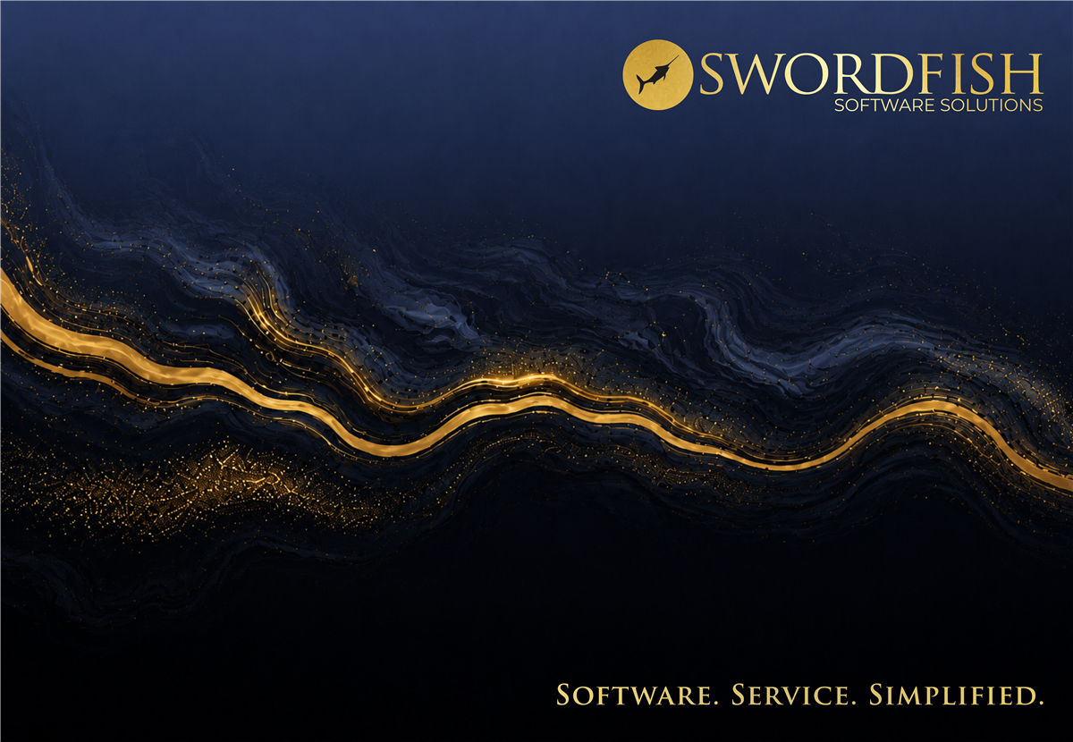 Swordfish Software Solutions pull-up banner design with gold abstract graphics by Plan Photo Repro