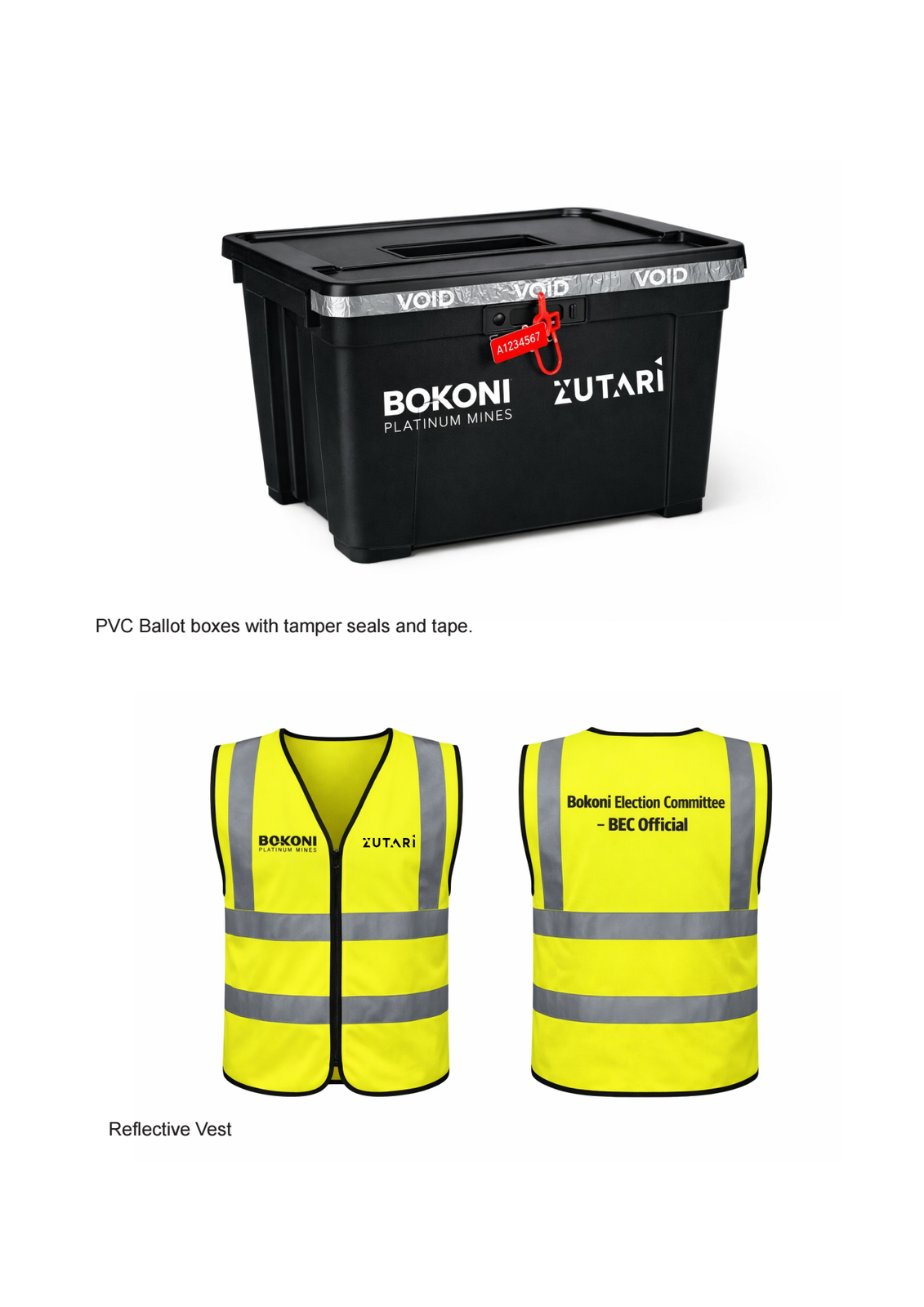 Zutari Sizwe voting equipment branding — ballot box and reflective BEC vest for Bokoni Platinum Mines