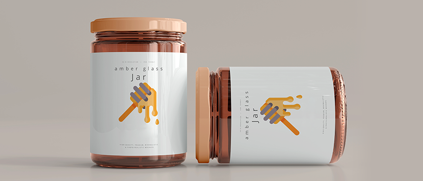 Amber glass jar product labels with custom branding, printed by Plan Photo Repro