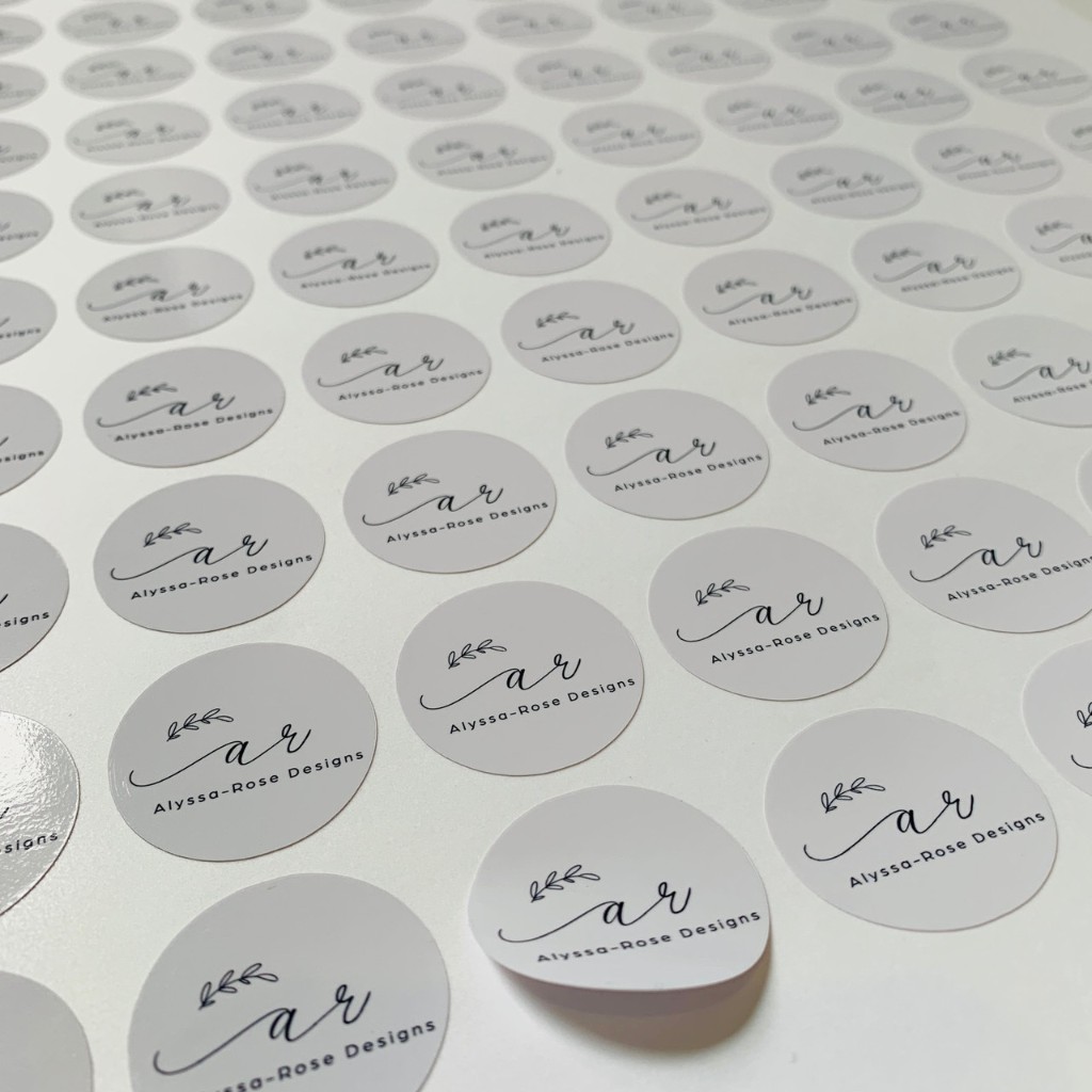 Branded circular stickers for Alyssa-Rose Designs, printed by Plan Photo Repro