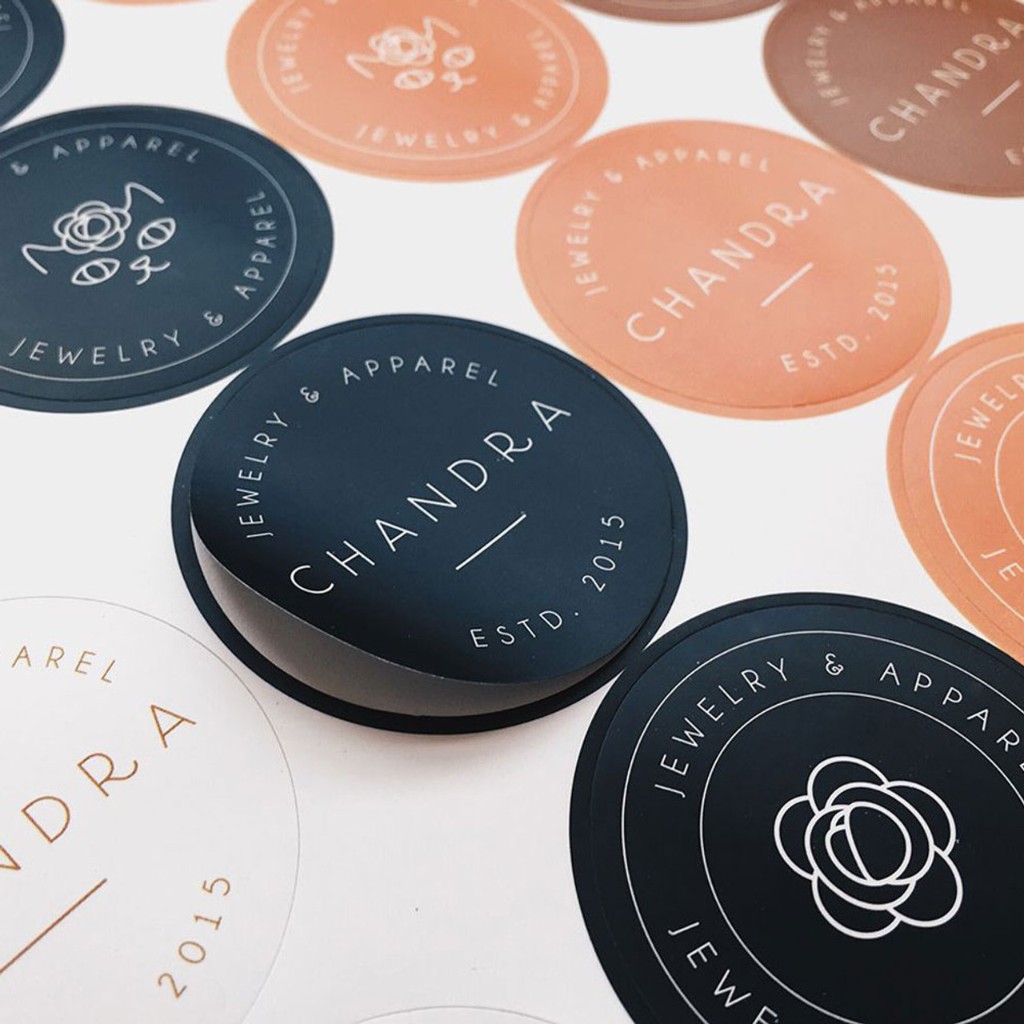 Multi-colour circular product labels for Chandra Jewelry by Plan Photo Repro